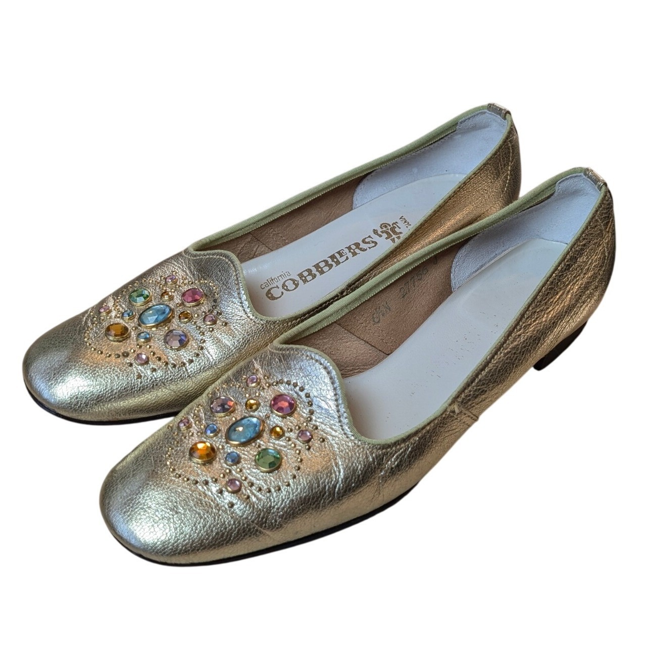 California Cobbler 60s Vintage Gold Metallic Jeweled Leather Loafers Flats 6.5